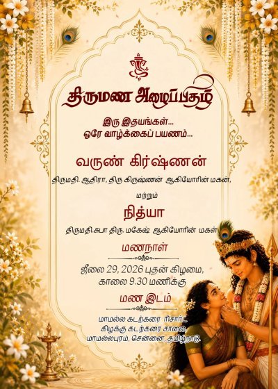 Golden floral temple frame with couple Invitation Template