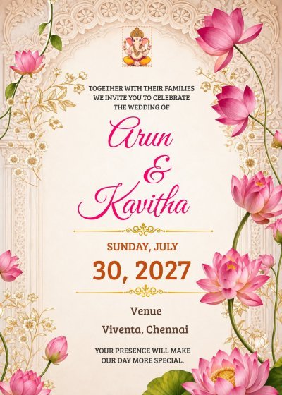 Lotus Floral Hindu Wedding Invitation Card Template