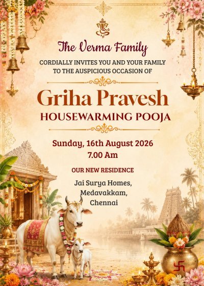 Griha Pravesh Invitation Template | Hindu Housewarming Pooja Invite | Editable Indian Housewarming Card | New Home Ceremony Invite