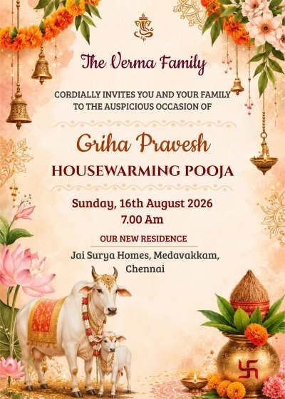 Griha Pravesh Invitation Template | Hindu Housewarming Pooja Invite | Editable Indian Housewarming Card | New Home Ceremony Invite