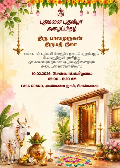புதுமனை புகுவிழா அழைப்பிதழ் | Hindu Housewarming Pooja Invite | Editable Indian Housewarming Card |Housewarming Invitation: Graha Pravesh, Vaastu Pooja