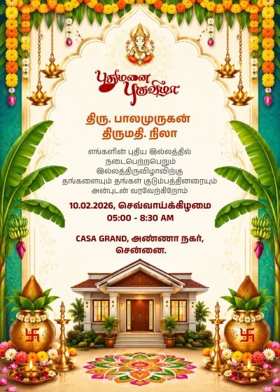 புதுமனை புகுவிழா அழைப்பிதழ் | Hindu Housewarming Pooja Invite | Editable Indian Housewarming Card |Housewarming Invitation tamil Graha Pravesh, Vaastu Pooja, tamil invitation