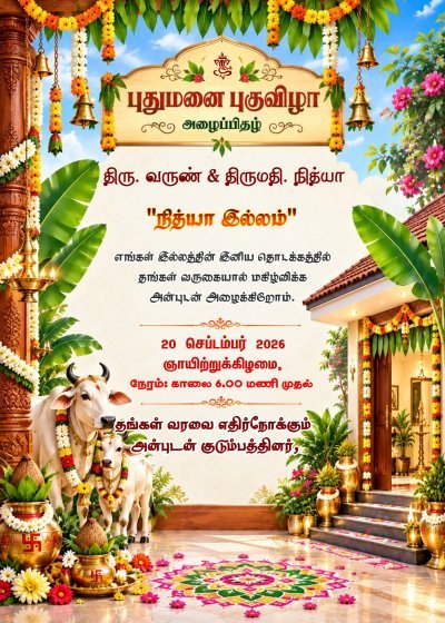 புதுமனை புகுவிழா அழைப்பிதழ் | Hindu Housewarming Pooja Invite | Editable Indian Housewarming Card |Housewarming Invitation tamil Graha Pravesh, Vaastu Pooja, tamil invitation