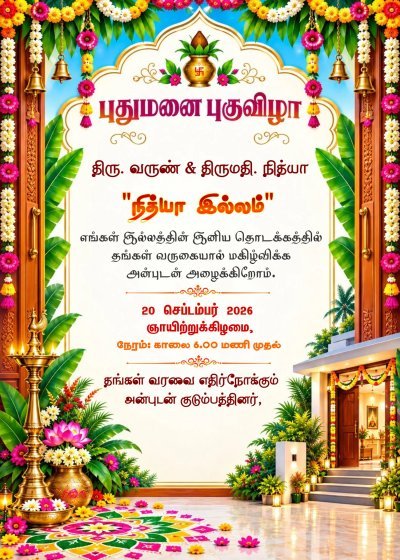 புதுமனை புகுவிழா அழைப்பிதழ் | Hindu Housewarming Pooja Invite | Editable Indian Housewarming Card |Housewarming Invitation tamil Graha Pravesh, Vaastu Pooja, tamil invitation