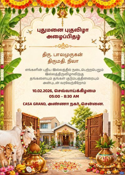 புதுமனை புகுவிழா அழைப்பிதழ் | Hindu Housewarming Pooja Invite | Editable Indian Housewarming Card | New Home Ceremony Invite