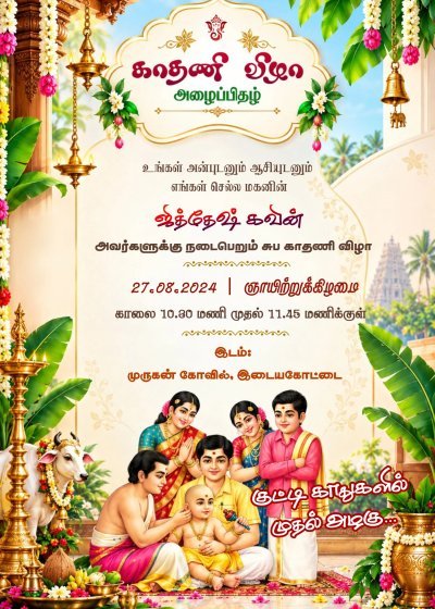 காதணி விழா அழைப்பிதழ் | Kathukuthu Invitation Tamil |  Ear Piercing Ceremony Invitation | editable tamil invitation online card