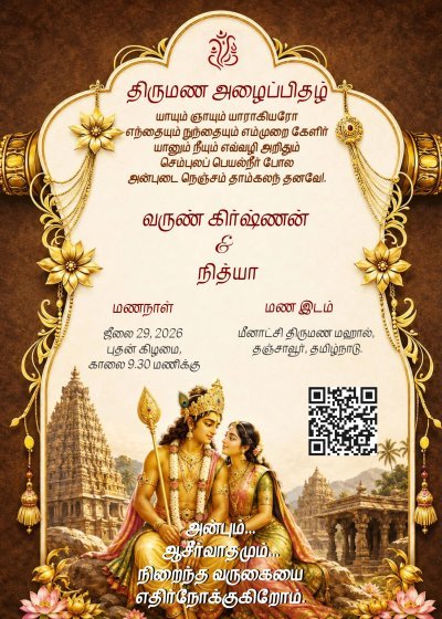 Murugan Wedding Invitation Template - Lord Murugan theme traditional Tamil invitation