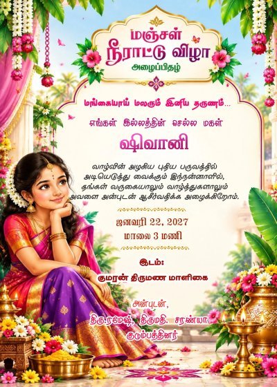 Puberty Function Invitation Card in Tamil – Online Maker | மஞ்சள் நீராட்டு விழா அழைப்பிதழ்