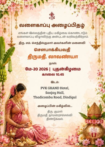வளைகாப்பு விழா அழைப்பிதழ் | Seemantham Invitation, Indian Baby Shower Invite, Valaikappu invites, Editable Digital Download